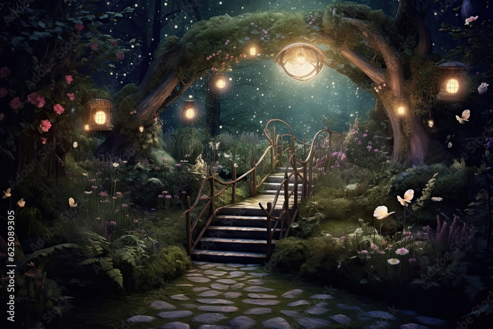 Moonlit Garden: Enchanting Background with Twinkling Fairy Lights and Whimsical Creatures, generative AI
