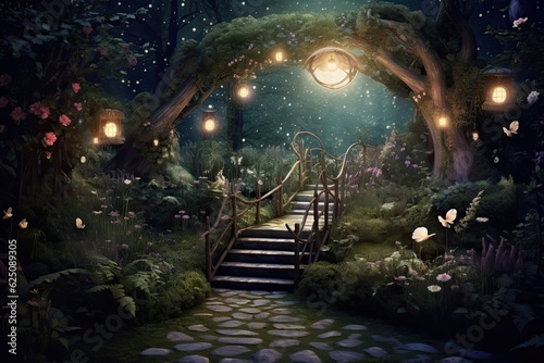 Moonlit Garden  Enchanting Background with Twinkling Fairy Lights and Whimsical Creatures  generative AI