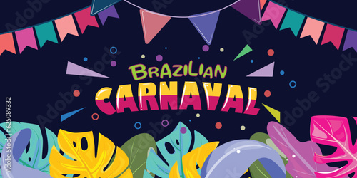 Brazilian Rio carnival party banner. National holiday poster with tropical leaves on dark purple background. 
