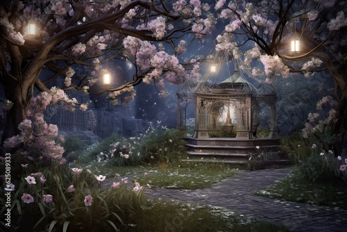 Whispers of Enchantment: Moonlit Garden Blooming with Twinkling Fairy Lights and Delicate Blossoms, generative AI