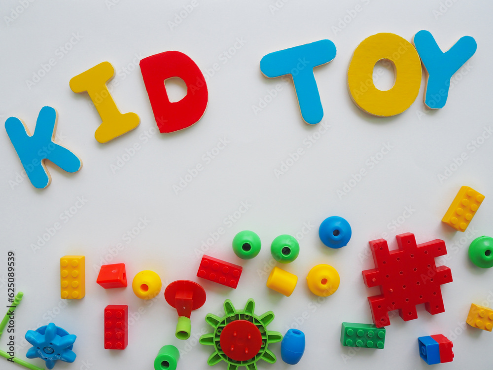 Naklejka premium Baby kids toys frame on background, Toy many colorful educational wooden. play, Top view, executive function, kid, skill, education, intelligence quotient, emotional quotient, childhood, development