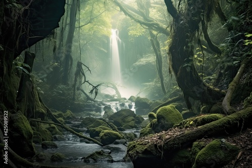 Ethereal Background: Pristine Forest with Misty Waterfall and Serene Beauty, generative AI © Michael