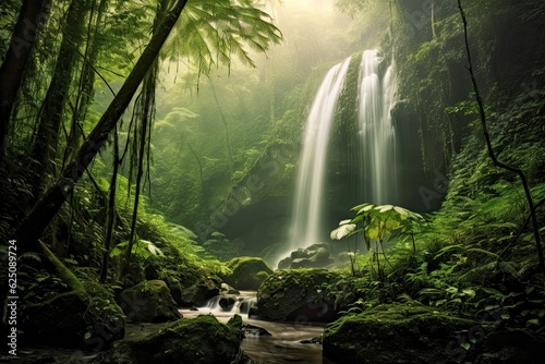 Misty Waterfall in a Lush Forest  Serene Beauty of Nature in an Ethereal Background  generative AI