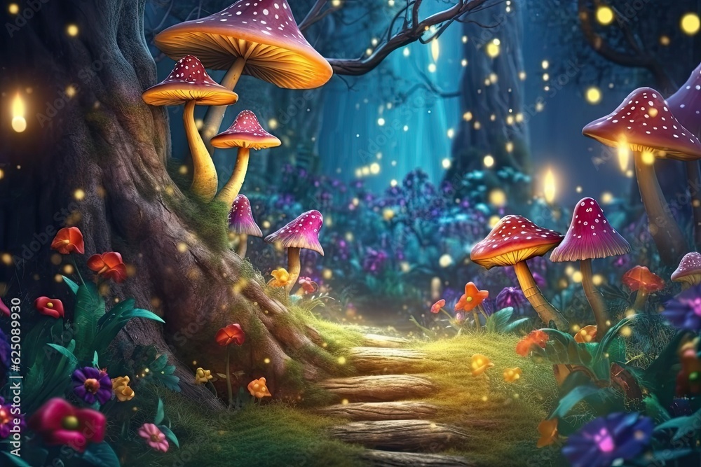 Whimsical Fantasy: Enchanted Forest with Glowing Mushrooms, Sparkling ...