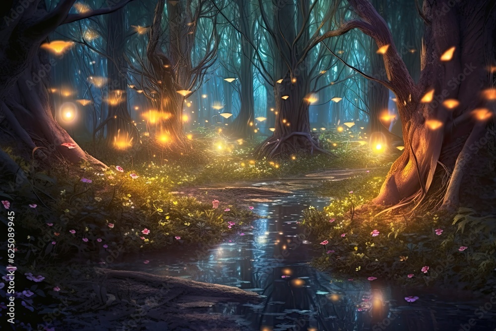 Enchanted Woods: A Magical Background of Glowing Fireflies and Enchanting Whispers, generative AI