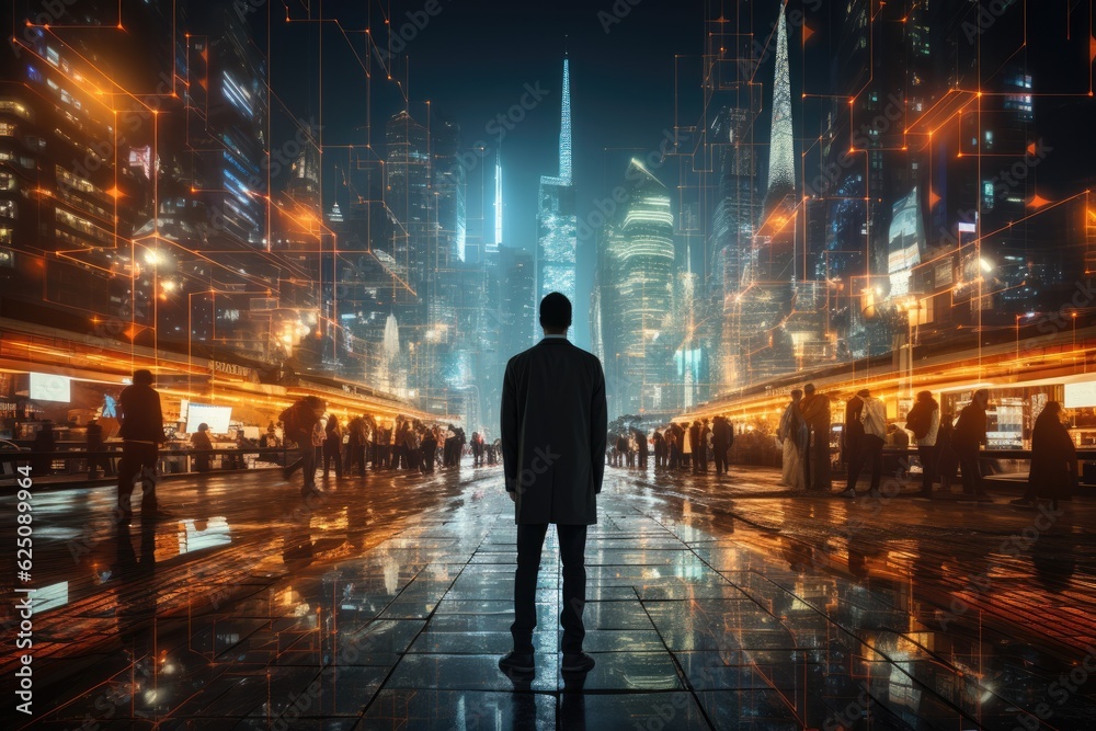 Big data information structure on screen. Businessman research and analysis financial report. Generative AI Big data information structure on screen. Businessman research and analysis financial report. Generative AI