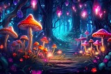 Magical Wonder: Glowing Mushrooms and Whimsical Creatures in an Enchanted Forest Background, generative AI