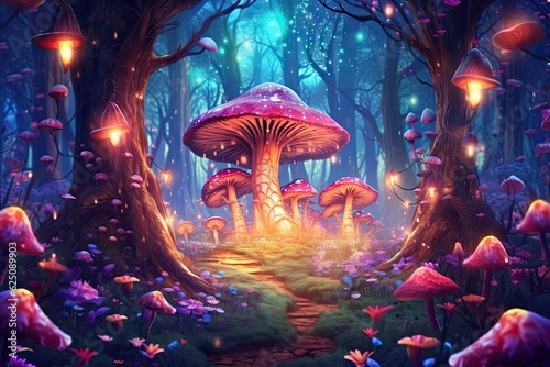 Magical Wonder: Enchanted Forest with Glowing Mushrooms and Whimsical Creatures, generative AI