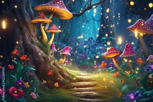 Whimsical Fantasy: Enchanted Forest with Glowing Mushrooms, Sparkling Fireflies, and Magical Background, generative AI