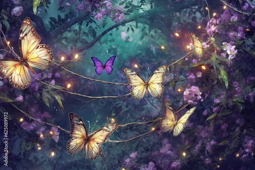 Enchanted Garden: Sparkling Fairylights and Whimsical Butterflies in a Magical Background, generative AI