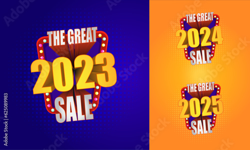 Great 2023 Sale, Sale Logo Label Unit, Online Shopping logo, E commerce Logo, Retail, Electronics, Textiles offers Logo, Festive Sale, 2023, 2024, 2025 3d Typography Design Vector 