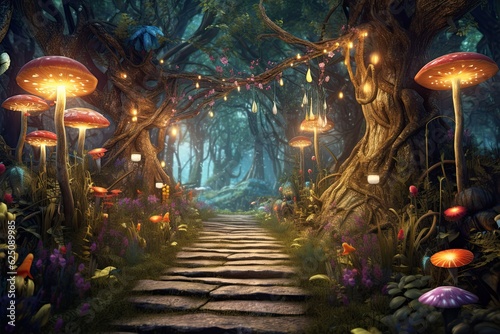 Enchanted Forest: Glowing Path to Mystical Wonderland with Whimsical Creatures, generative AI