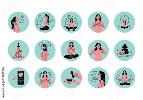 Meditation black line icons set. Pictograms for web page