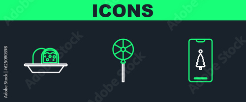 Set line Smartphone with gift box, Marzipan sponge cake and Lollipop icon. Vector