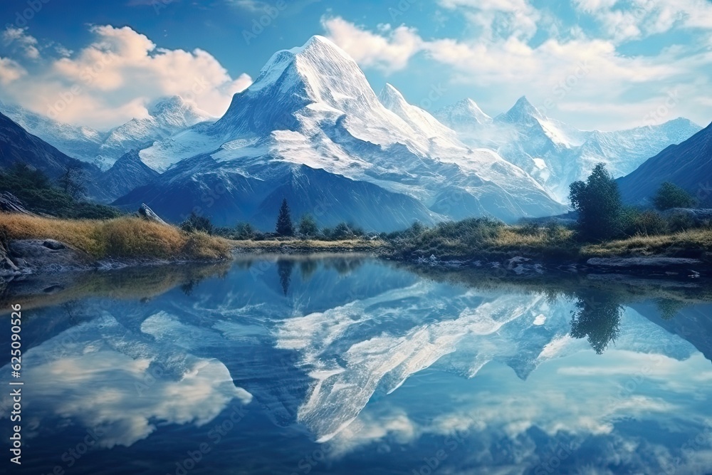 Tranquil Mountain Lake: Reflections of Snow-Capped Peaks Create Serene Background of Serenity in Nature, generative AI
