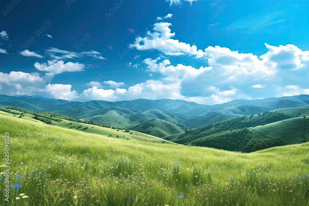 Tranquil Mountain Landscape: Serene Background of Rolling Hills and Clear Blue Sky for Serenity in Nature, generative AI