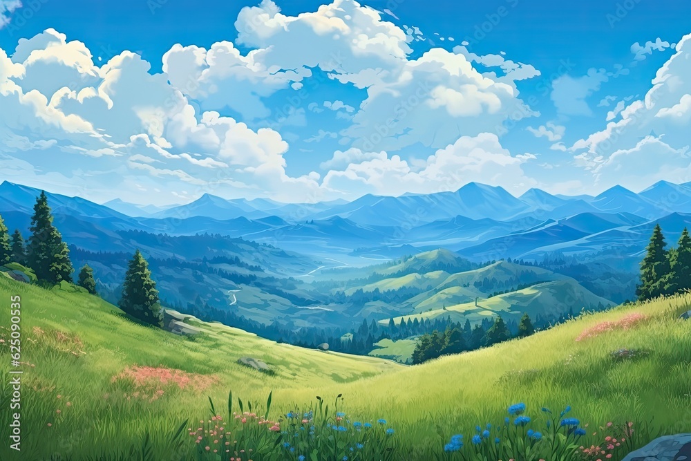 Tranquil Mountain Landscape: Serene Background of Rolling Hills and Clear Blue Sky, generative AI