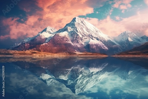 Tranquil Mountain Lake  Reflections of Snow-Capped Peaks in Serene Background  generative AI
