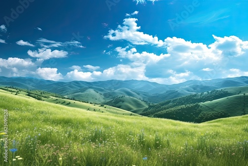 Tranquil Mountain Landscape: Serene Background of Rolling Hills and Clear Blue Sky for Serenity in Nature, generative AI © Michael