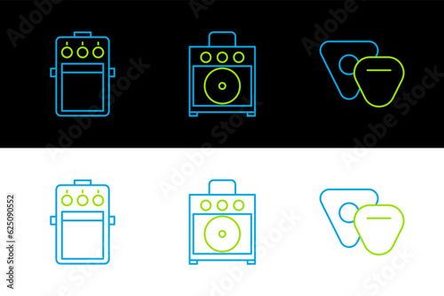 Set line Guitar pick, pedal and amplifier icon. Vector