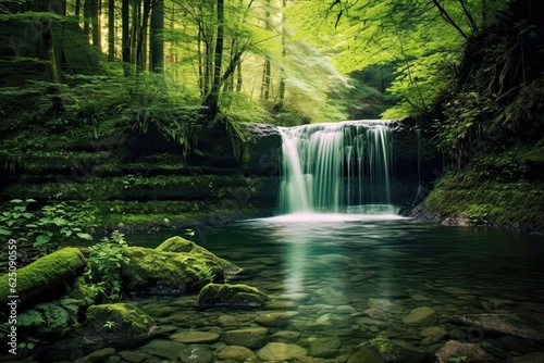 Tranquil Waterfall: Serene Forest Setting & Serenity in Motion, generative AI