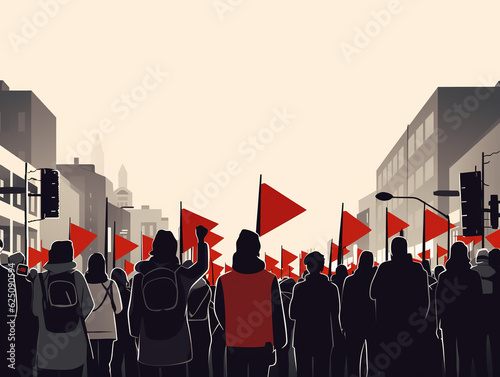 Crowd of protesters with red flags on city street, graphic illustration style