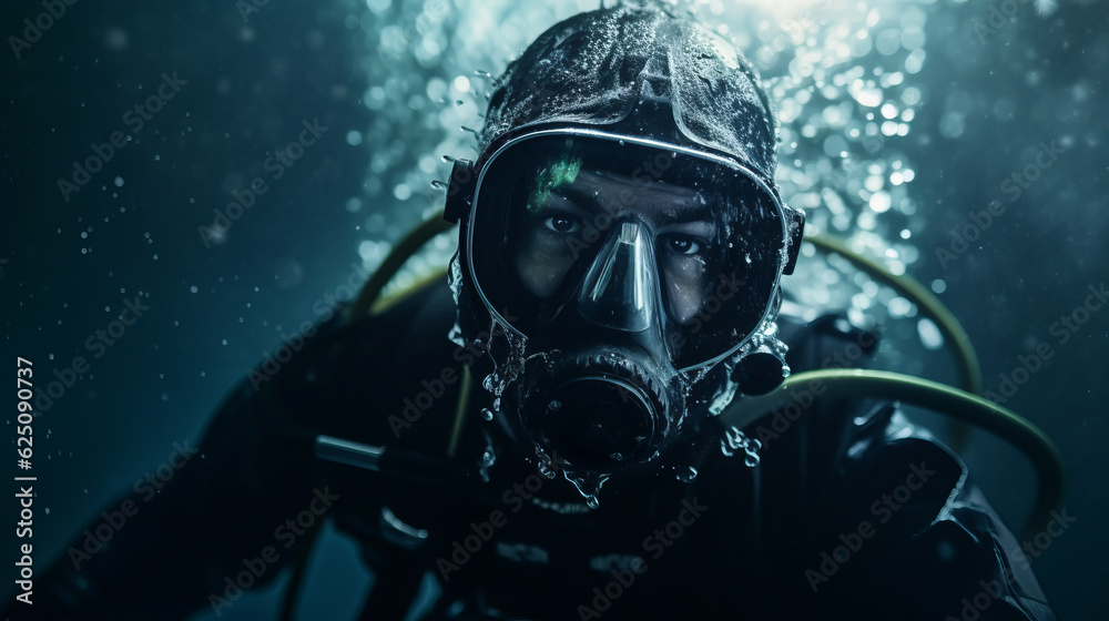 Close-up portrait of a Scuba deep sea diver swimming in a deep ocean , underwater exploration Close-up portrait of a Scuba deep sea diver swimming in a deep ocean , underwater exploration