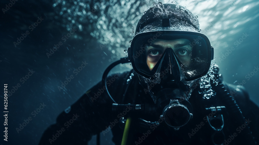 Close-up portrait of a Scuba deep sea diver swimming in a deep ocean , underwater exploration Close-up portrait of a Scuba deep sea diver swimming in a deep ocean , underwater exploration