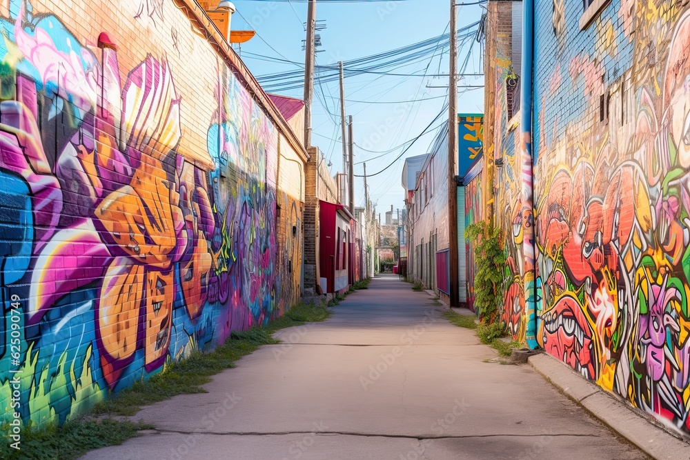 Fototapeta premium Vibrant Murals and Colorful Graffiti: Exploring an Urban Background with Street Performers and Artistic Flair, generative AI