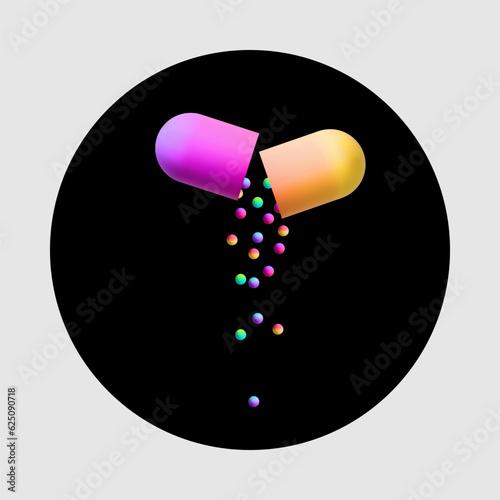 Vitamin complex of 3d pill capsule and vitamins colorful bubbles for dietary supplement and healthy lifestyle advertising design template
