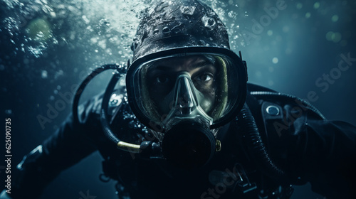 Close-up portrait of a Scuba deep sea diver swimming in a deep ocean , underwater exploration © Keitma