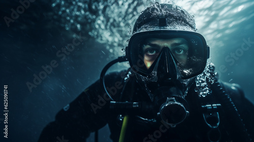 Close-up portrait of a Scuba deep sea diver swimming in a deep ocean , underwater exploration