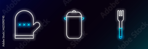Set line Fork, Oven glove and Cooking pot icon. Glowing neon. Vector