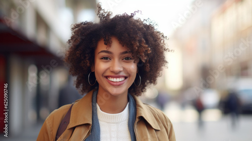 Happy young african american woman smiling in the city street , closeup Portrait of a happy young adult African girl standing on a European city outdoor © Keitma