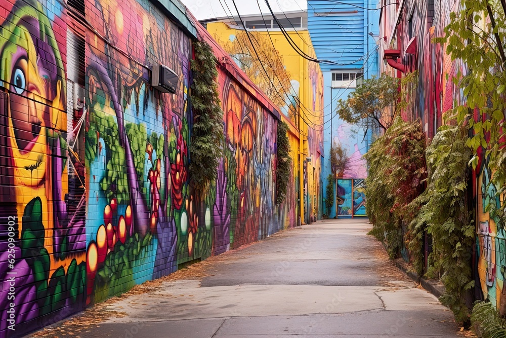 Colorful Graffiti-Adorned Alley: Vibrant Murals and Street Performers Embrace Urban Artistry, generative AI