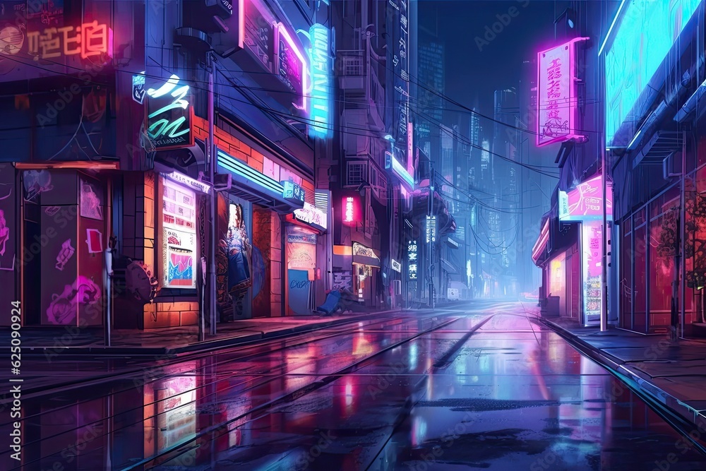 Vibrant City Street at Night: Neon Lights, Buzzing Energy & Urban Nightlife Pulse, generative AI