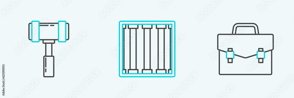 Set line Briefcase, Judge gavel and Prison window icon. Vector