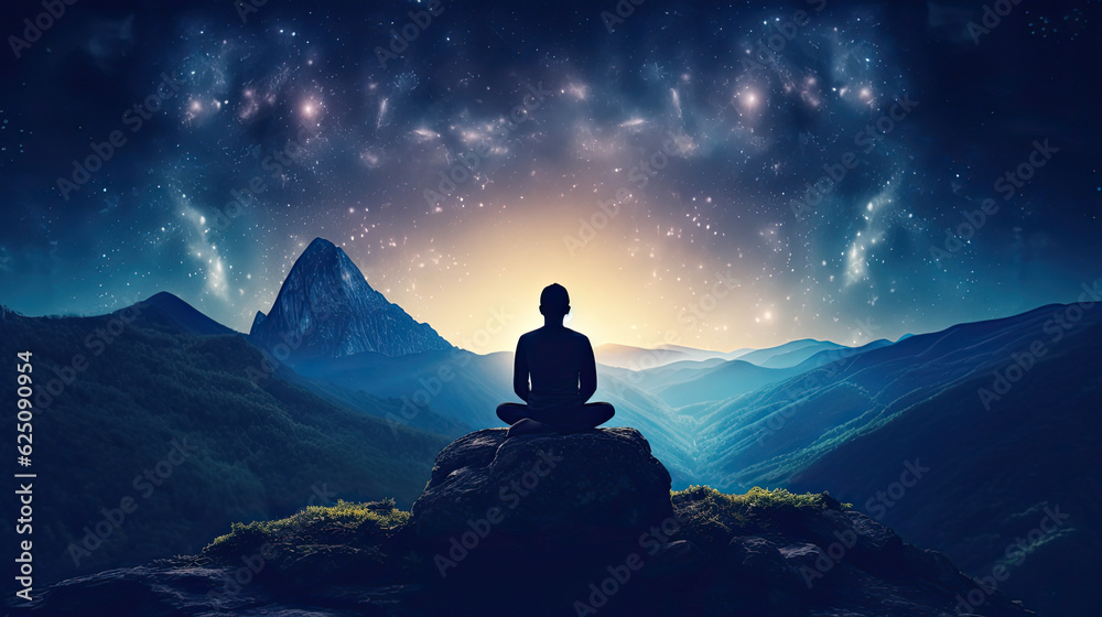 person silhouette sitting on the top of the mountain meditating or contemplating the starry night with Milky Way and Moon background yoga and meditation silhouette dreamy background person silhouette sitting on the top of the mountain meditating or contemplating the starry night with Milky Way and Moon background yoga and meditation silhouette dreamy background