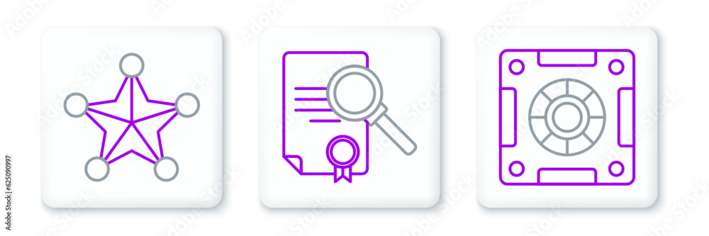 Set line Safe, Hexagram sheriff and Document with search icon. Vector Set line Safe, Hexagram sheriff and Document with search icon. Vector