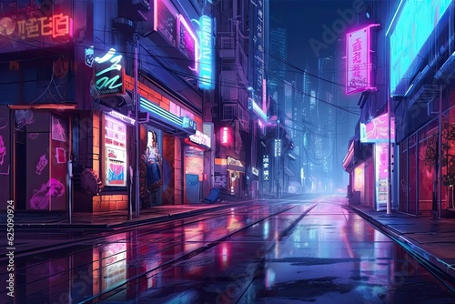 Vibrant City Street at Night  Neon Lights  Buzzing Energy   Urban Nightlife Pulse  generative AI
