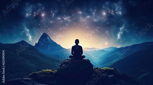 person silhouette sitting on the top of the mountain meditating or contemplating the starry night with Milky Way and Moon background yoga and meditation silhouette dreamy background © Nhan