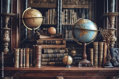 Timeless Wisdom: Vintage Background of Leather-Bound Books and Antique Globes in an Old Library, generative AI