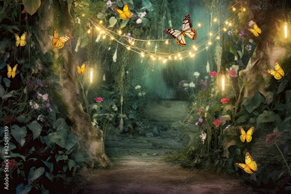 Enchanted Garden: Whimsical Background with Twinkling Fairy Lights, Playful Butterflies, and Magical Whispers, generative AI