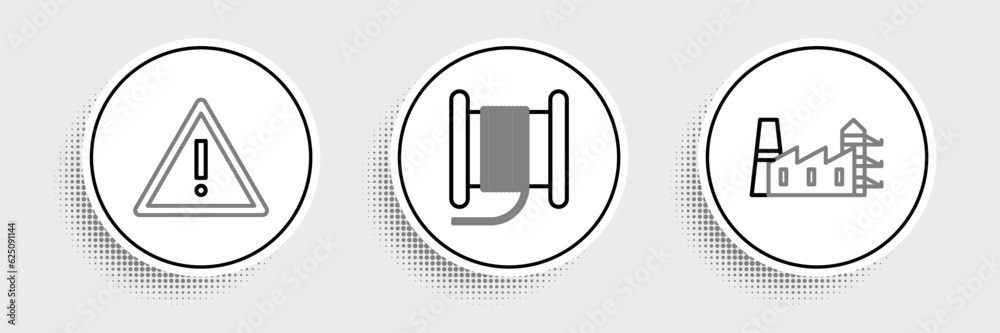 Set line Power station plant and factory, Exclamation mark in triangle and Wire electric cable reel drum icon. Vector Set line Power station plant and factory, Exclamation mark in triangle and Wire electric cable reel drum icon. Vector