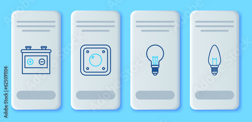 Set line Electric light switch, Light bulb with concept of idea, Car battery and icon. Vector