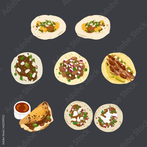 Set of Tacos. Mexican Food. Hand drawn watercolor vector illustration