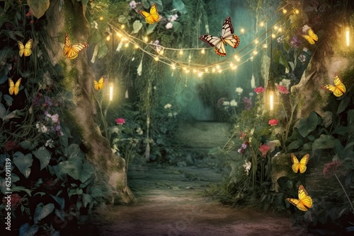 Enchanted Garden  Whimsical Background with Twinkling Fairy Lights  Playful Butterflies  and Magical Whispers  generative AI