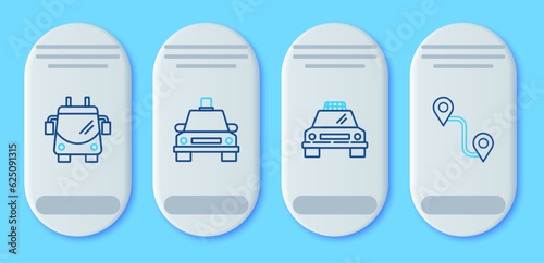 Set line Taxi car, Trolleybus and Route location icon. Vector