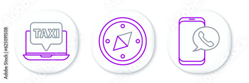 Set line Taxi call telephone service, Laptop taxi and Compass icon. Vector