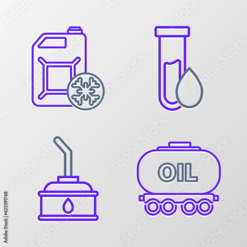 Set line Oil railway cistern, Canister for motor machine oil, petrol test tube and Antifreeze canister icon. Vector